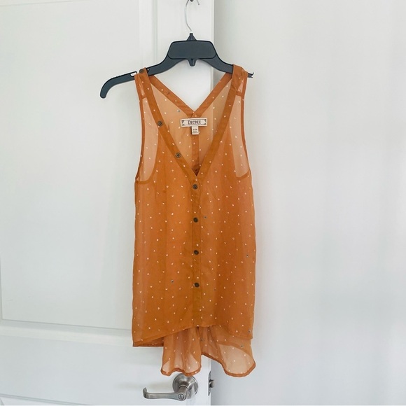 Decree Tops - Decree Sheer V-Neck Blouse Orange White Polka Dots Size S